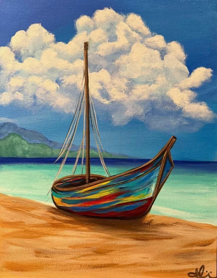 لوحةٌ زيتيَّةٌ تصوِّرُ مركبًا ملوَّنًا على شاطئٍ، رسمتها فتيات حِسَان