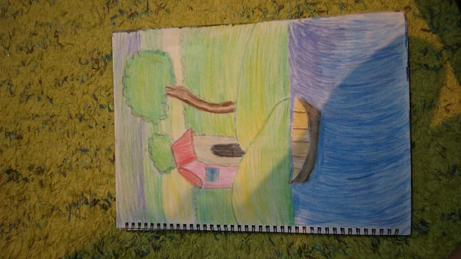 رسمةٌ بالألوانِ المائيَّة: بيتٌ وأشجارٌ وماء